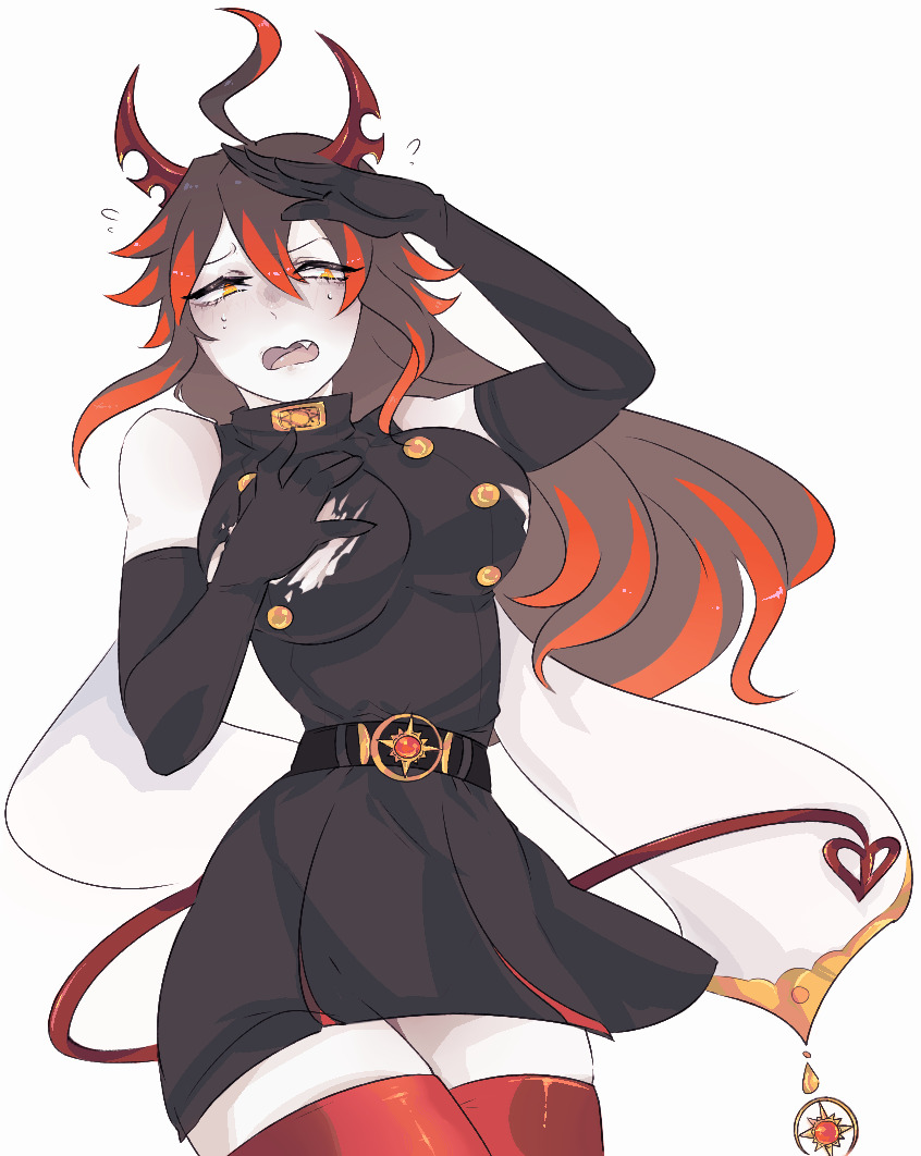 1girls ahoge artist_request belt black_dress black_gloves black_hair breasts cape colored_skin covering_breasts cute_fang demon demon_girl demon_horns demon_tail elbow_gloves female_only funamusea genderswap_(mtf) gloves horns huge_breasts ivlin ivlis looking_to_the_side open_mouth red_hair red_horns red_pantyhose red_tail ripped_clothing rule_63 single_fang solo solo_female streaked_hair the_gray_garden white_cape white_skin yellow_eyes