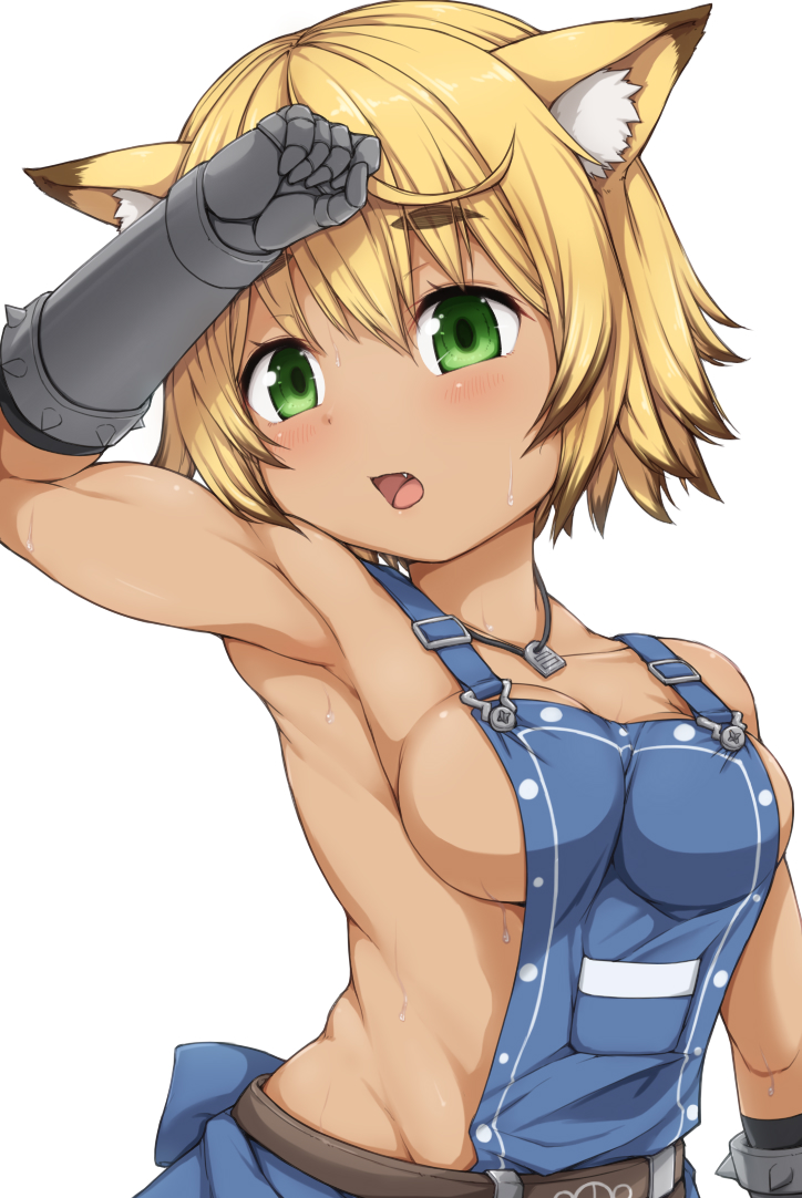 1girls animal_ear_fluff animal_ears apron blonde_hair blue_apron breasts dog_tags gauntlets green_eyes haty medium_breasts open_mouth s-rank_monster_no_"behemoth"_dakedo_neko_to_machigawarete_elf_musume_no_pet_toshite_kurashitemasu short_hair sideboob solo sweat tan upper_body vulcan_(beheneko)