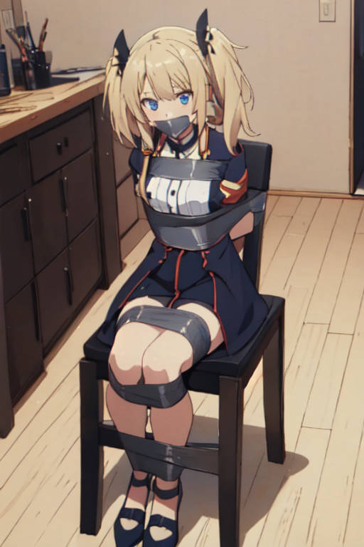 ai_generated arms_behind_back arms_tied_behind_back blonde_hair blue_eyes bondage bound bound_ankles bound_arms bound_legs bound_to_chair bound_torso chair chair_bondage duct_tape duct_tape_gag gag gagged heels looking_at_viewer maou_gakuin_no_futekigousha sasha_necron sitting sitting_on_chair solo tape tape_bondage tape_gag taped_ankles taped_arms taped_legs taped_mouth taped_to_chair tied_to_chair tied_up