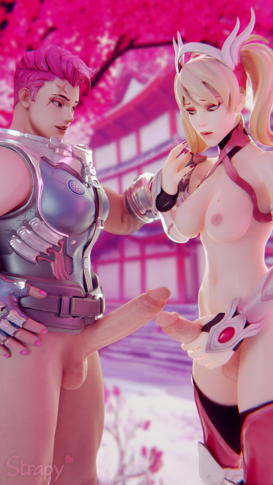 2futas, 3d, alternate costume, areolae, balls, blender, blizzard entertainment, blonde hair, dickgirl, erection, futa only, futa with futa, futanari, intersex, mercy, nails, nipples, overwatch, penis, penis size difference, pink hair, pink mercy, short hair, strapy, testicles, twintails, zarya