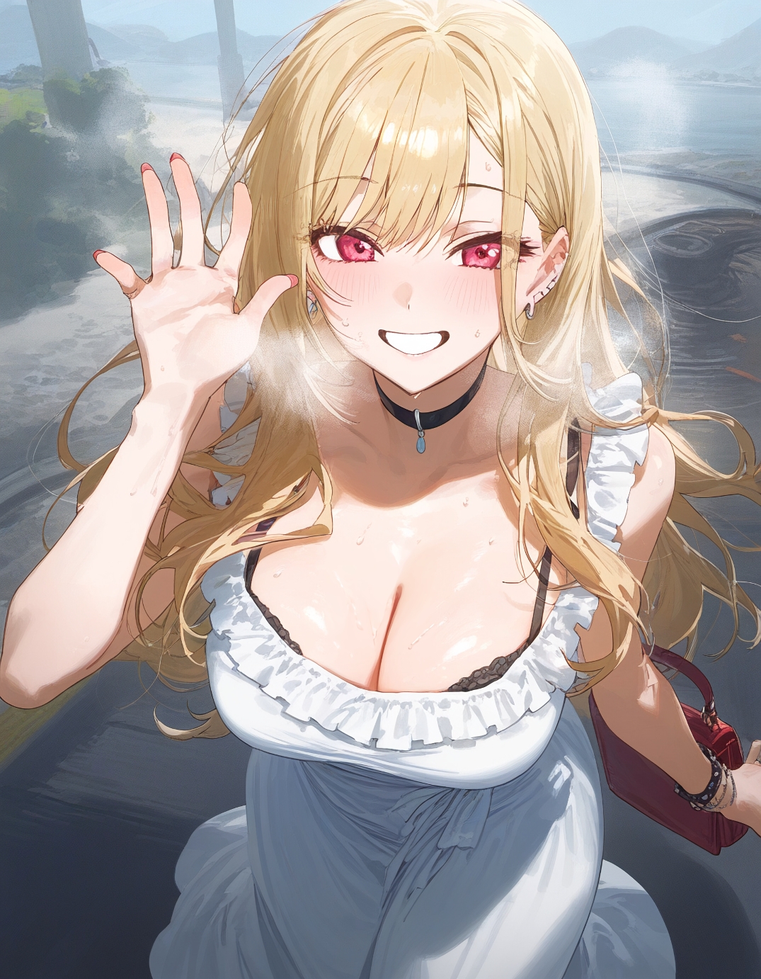 1girls, ai generated, blonde hair, bra, choker, cleavage, dress, ear piercing, earrings, female, female focus, fully clothed, human, kitagawa marin, looking at viewer, mommy, nai diffusion, red eyes, smile, smiling, smiling at viewer, sono bisque doll wa koi wo suru, stable diffusion, tagme, waving, waving at viewer, white dress, wholesome