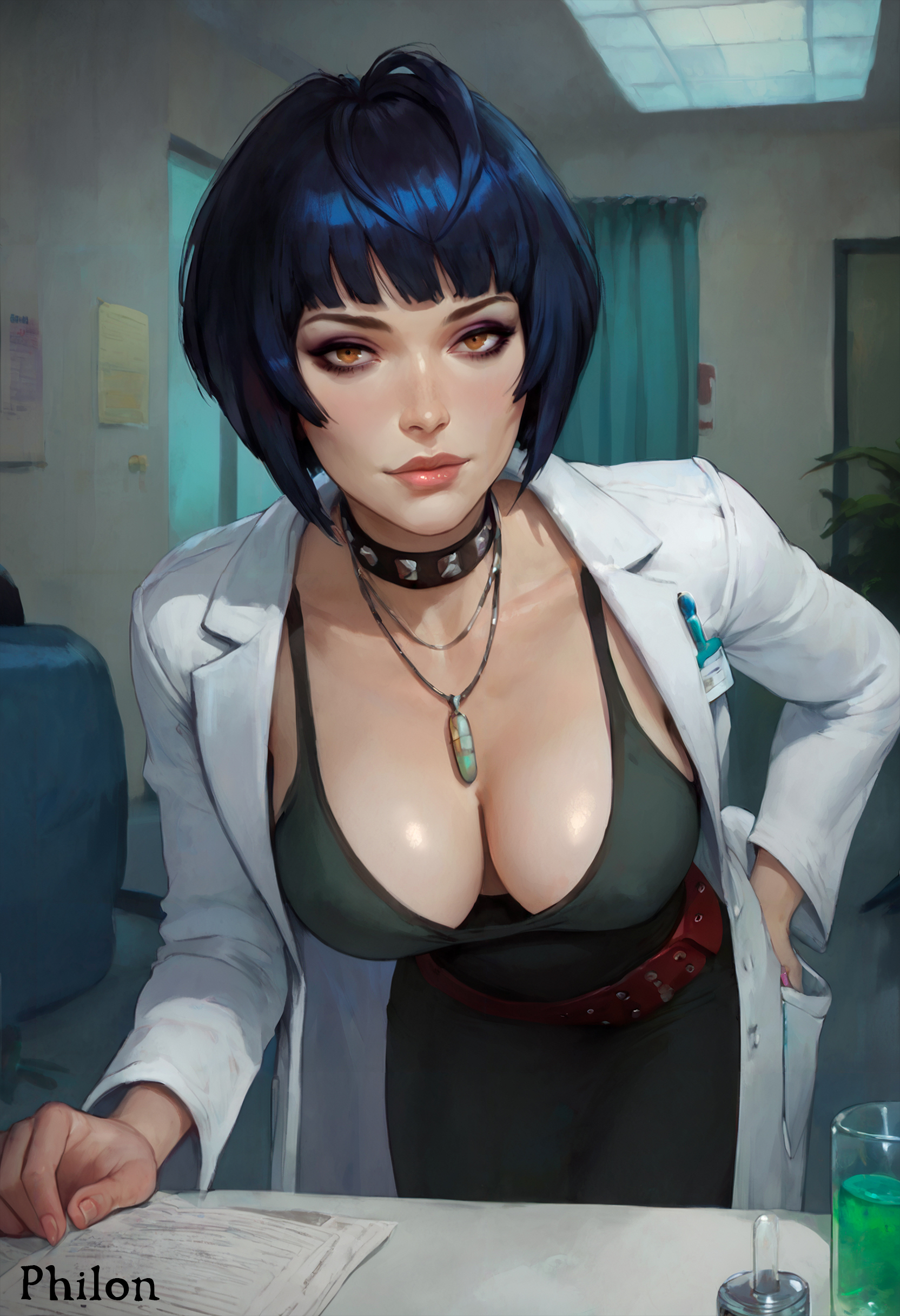 1girls, ai generated, bangs, belt, black dress, black hair, blue hair, breasts, brown eyes, choker, cleavage, collar, collarbone, doctor, dress, female, female only, hand in pocket, hand on hip, indoors, jewelry, labcoat, large breasts, leaning forward, lips, looking at viewer, nail polish, necklace, nurse, paper, persona, persona 5, philon, red belt, short hair, solo, stable diffusion, studded collar, tae takemi, white coat