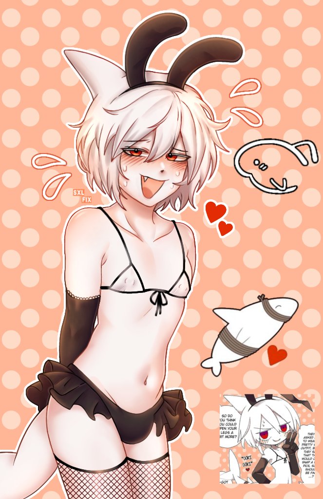 1boy black_gloves black_skirt blush bulge collarbone colored_skin crossdressing cute_fang elbow_gloves fake_animal_ears femboy fishnets flat_chest flying_sweatdrops funamusea gloves heart male_only micro_bikini miniskirt navel open_mouth orange_background otoko_no_ko polka_dot_background rabbit_ears red_eyes reference_image reference_inset sal_(wadanohara) shark_bow shark_tail single_fang skirt solo_male sweat sxlfimxg tail wadanohara_and_the_great_blue_sea white_bikini white_skin