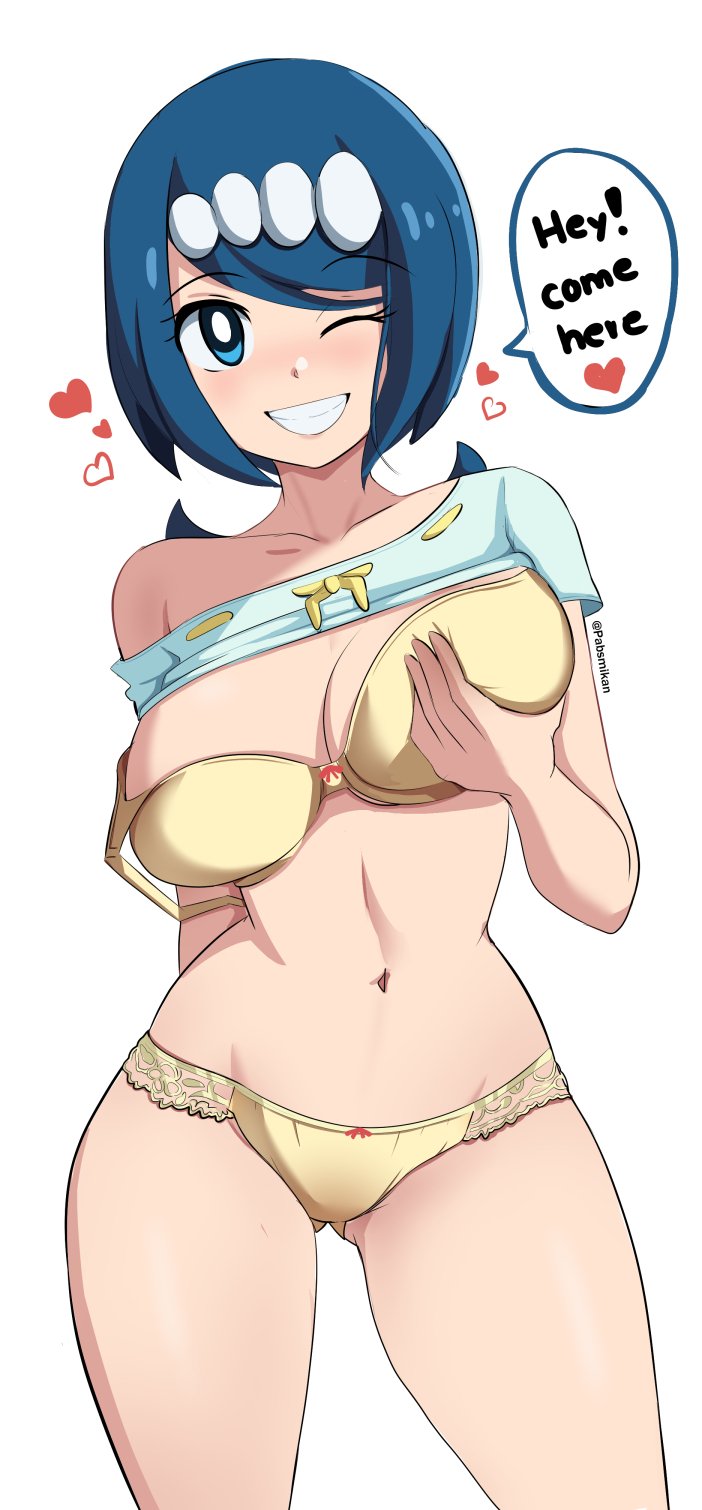 1girls, big breasts, blue eyes, blue hair, blush, bottomwear, bra, breasts, cleavage, clothing, english, english text, female, female only, game freak, hair, hand on breast, heart, lace, lace trim, lace-trimmed panties, lana's mother (pokemon), lingerie, matching underwear, mature, mature female, milf, mother, one eye closed, pabsmikan, panties, pokemon, pokemon sm, short hair, smile, solo, solo female, speech bubble, spoken heart, spread legs, topwear, wide hips, wink, winking, yellow bra, yellow panties