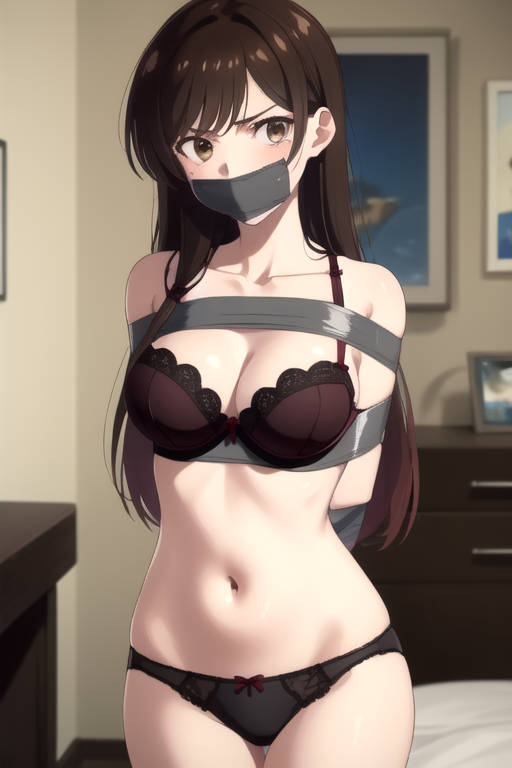 1girls ai_generated angry_face arms_behind_back arms_tied_behind_back bed bedroom black_bra black_panties blush bondage bound bound_arms bra breasts brown_hair cleavage duct_tape duct_tape_gag female femsub gag gagged kanojo_okarishimasu looking_at_viewer mizuhara_chizuru panties restrained solo tape tape_bondage tape_gag taped_arms taped_mouth thong tied_up