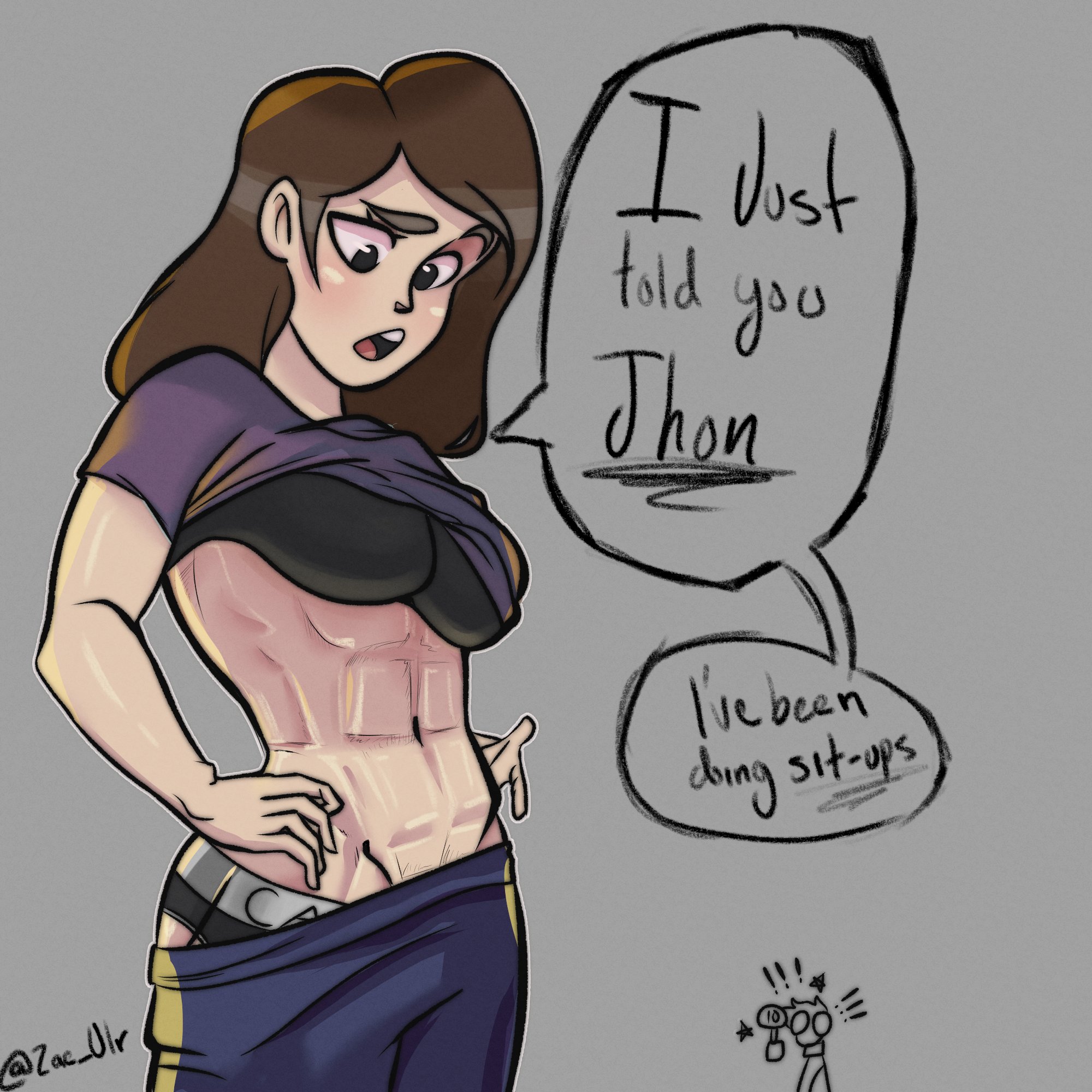 1boy, 1girls, abs, athletic, athletic female, black panties, calvin klein, charlie emily, female, five nights at freddy's, fnaf novels, john (fnaf), male, purple shirt, robot girl, shirt lift, shirt up, sports bra, zae ulr