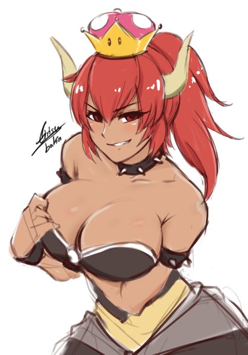 1girls airisubaka artist_name bare_shoulders black_dress bowsette bracelet breasts cleavage collar collarbone dress female genderswap_(mtf) grin hair_between_eyes horns jewelry large_breasts looking_at_viewer mario_(series) new_super_mario_bros._u_deluxe nintendo ponytail red_bowsette red_hair rule_63 shiny shiny_hair sidelocks sketch smile solo spiked_bracelet spiked_collar spikes super_crown upper_body white_background