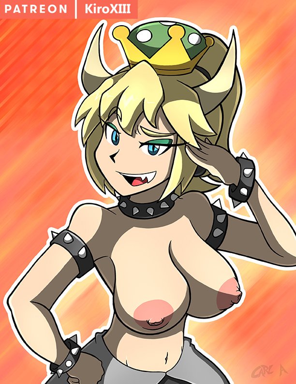 1girls armband blonde_hair blue_eyes bowsette breasts cleavage collar female gender_transformation horns kiroxiii looking_at_viewer mario_(series) new_super_mario_bros._u_deluxe nintendo nude rule_63 solo super_crown video_games