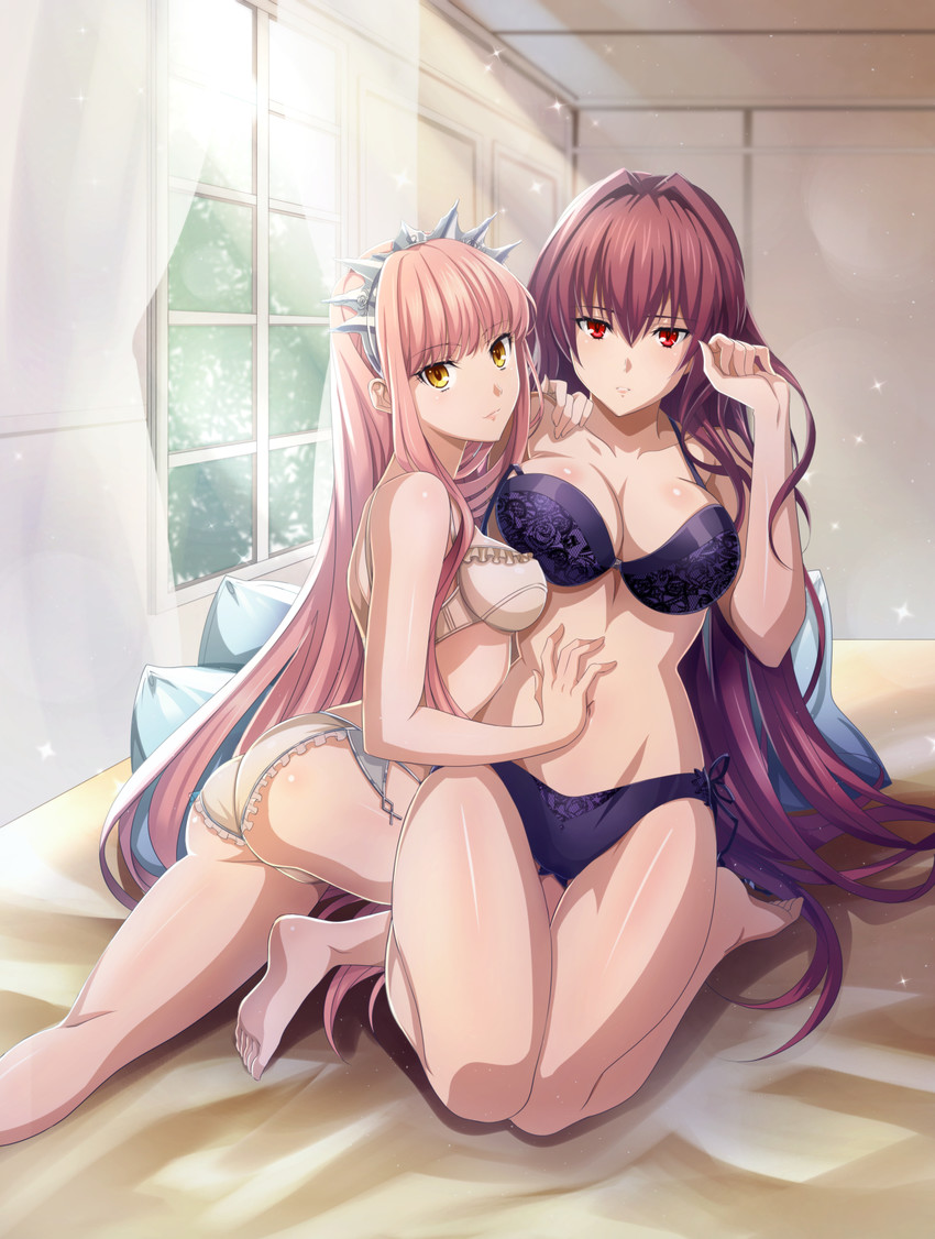 2girls, ass, blush, breasts, fate (series), fate/grand order, female, female ass, large breasts, lingerie, looking at viewer, medb (fate), panties, pink hair, purple hair, red eyes, scathach (fate), smile, thick thighs, underwear, very long hair, yellow eyes