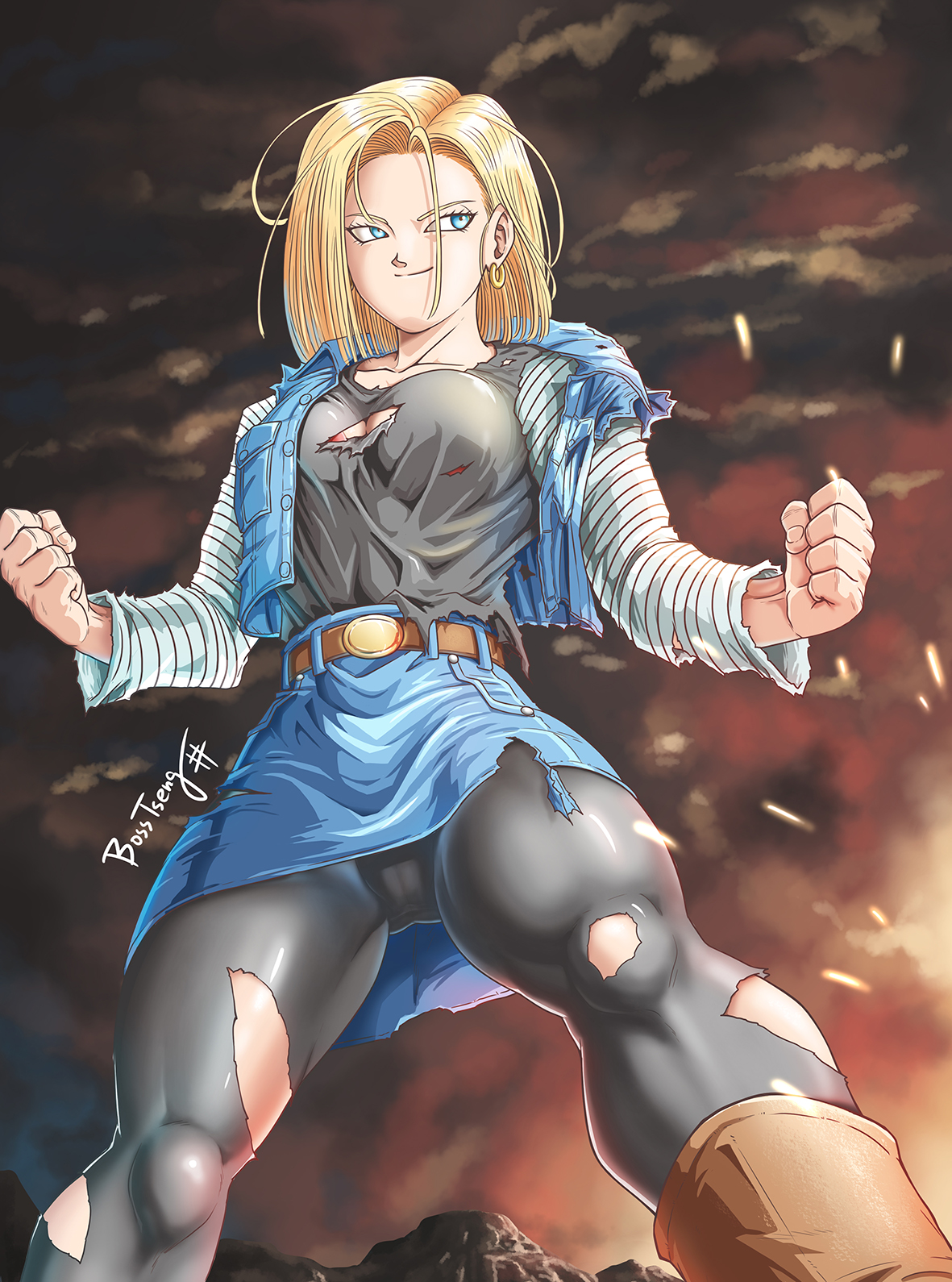 android 18, artist request, blonde hair, blue eyes, breasts, cleavage, curvy, dragon ball, female, huge breasts, short hair, voluptuous, wide hips