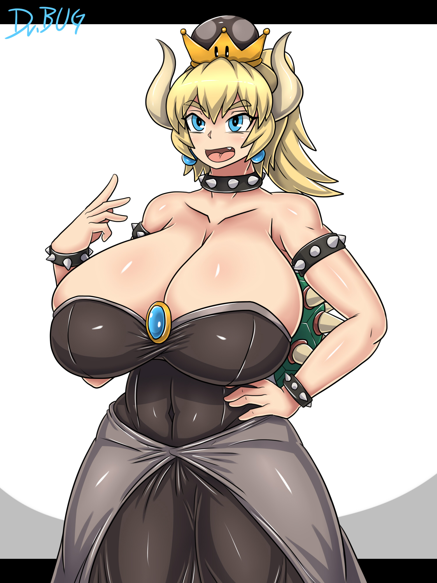 artist name, black dress, blonde hair, blue eyes, bowsette, bracelet, breasts, cleavage, clothed, collar, collarbone, crown, cute fang, dr.bug, dress, earrings, female, female only, front view, fusion, genderswap, hand on hip, highres, horns, huge breasts, humanoid, mario (series), new super mario bros. u deluxe, nintendo, open mouth, rule 63, shell, skindentation, solo, spiked bracelet, spiked collar, spiked shell, standing, tight clothes, voluptuous, wide hips