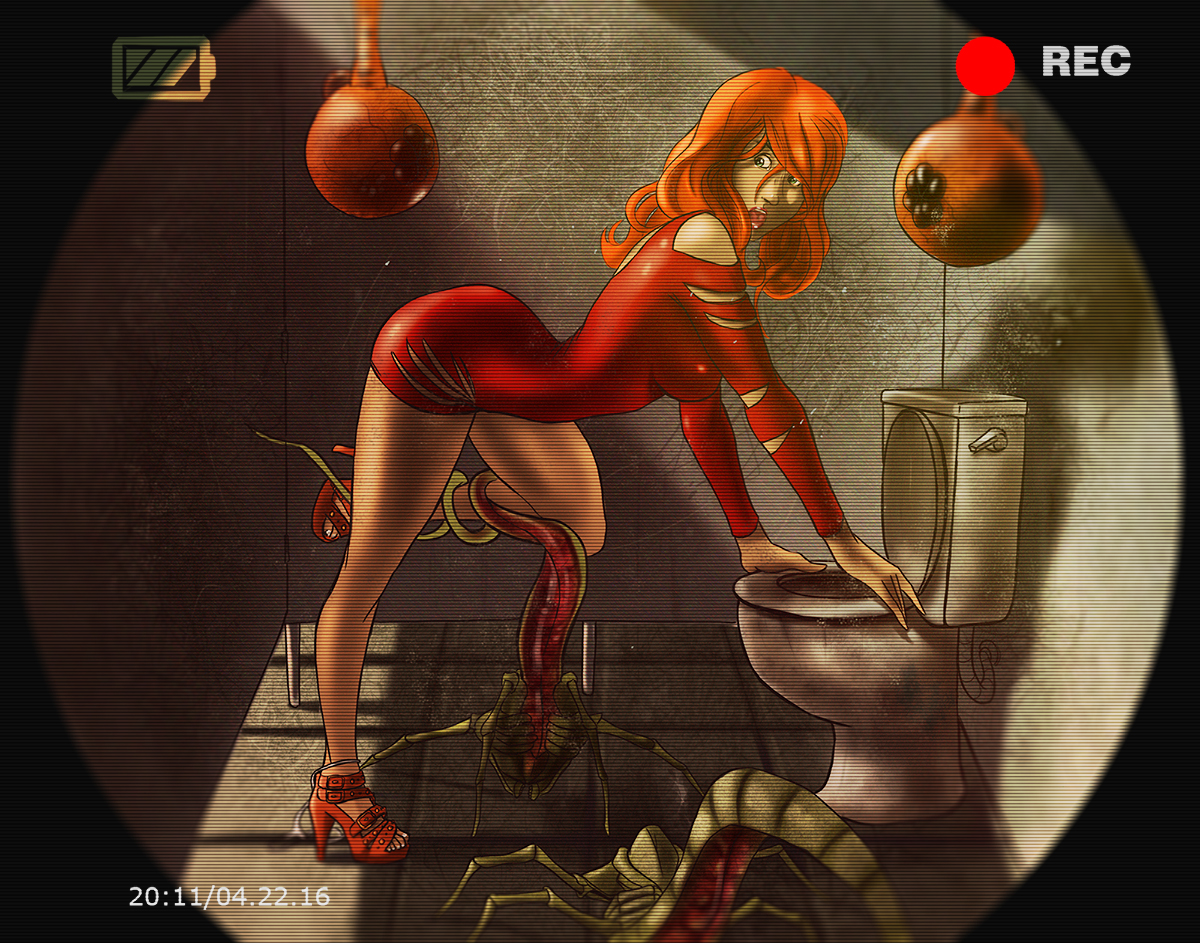 2016, beastmaster, breasts, camera, clothing, dress, female, fully clothed, high heels, imminent rape, insects, interspecies, long hair, medium breasts, mind control, monster, open mouth, open toe shoes, red hair, restrained, restroom stall, size difference, story in description, tentacles, toilet