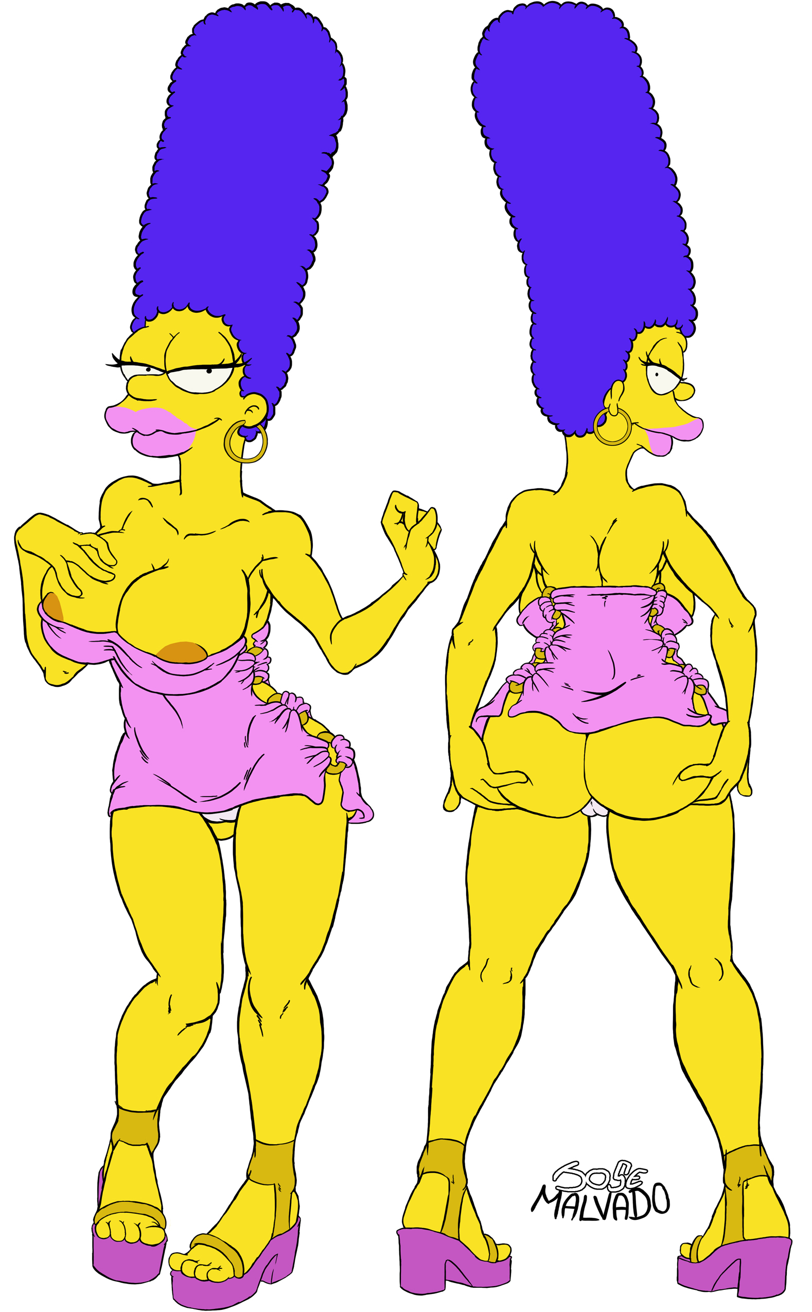 1girls, big breasts, bimbo, breasts, female, female only, josemalvado, lips, lipstick, looking at viewer, looking back, marge simpson, milf, presenting hindquarters, solo, the simpsons