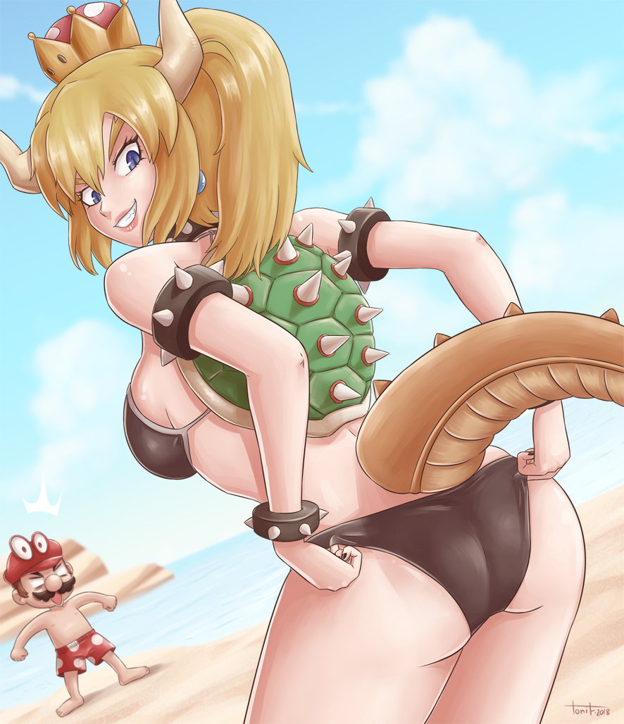 ass, black bikini, blue eyes, bowsette, cappy (mario), female, genderswap, make up, mario, mario (series), new super mario bros. u deluxe, nintendo, rule 63, smile, super crown, super mario odyssey, surprised, swimsuit, tonicomics