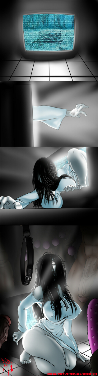 1girls, 3boys, abs, ass, black hair, breasts, clothing, dress, erection, female, hair over eyes, huge breasts, huge penis, imminent rape, long hair, male, penis, suicidetoto, television, the ring, url, veins, veiny penis, watermark, wide hips, yamamura sadako
