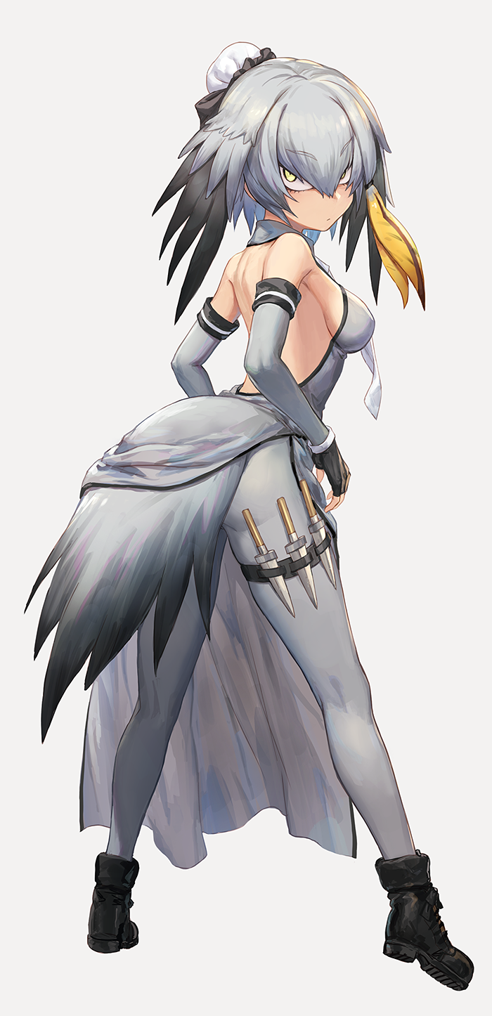 1girls clothed clothing daggers eyebrows_visible_through_hair female female_only guchico_(guchico77) kemono_friends light-skinned_female light_skin looking_at_viewer shoebill_(kemono_friends) simple_background solo white_background