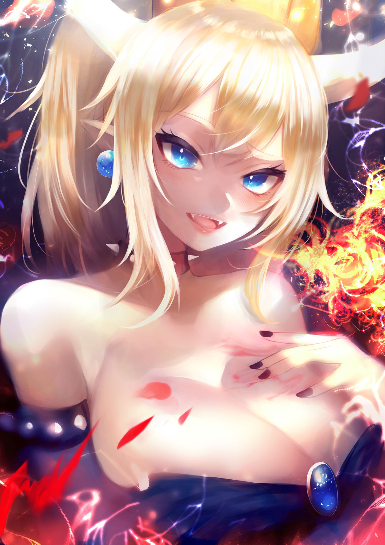 1girls, blonde hair, blue eyes, bowsette, breasts, earrings, female, fire background, genderswap, horns, light skin, mario (series), new super mario bros. u deluxe, nintendo, rule 63, sakamoto nozoumi