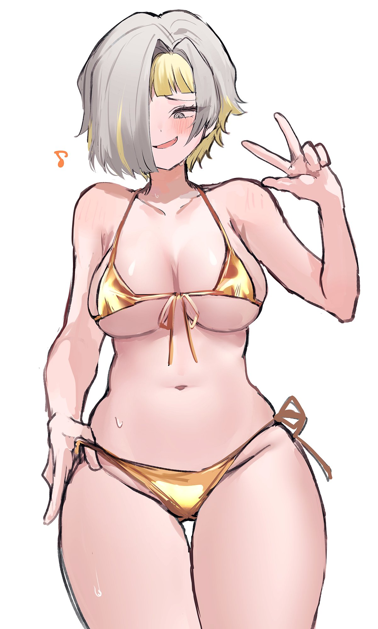 1girls bikini breasts colored_inner_hair embarrassed gold_bikini kromer_(limbus_company) limbus_company migishita peace_sign project_moon short_hair silver_hair tagme