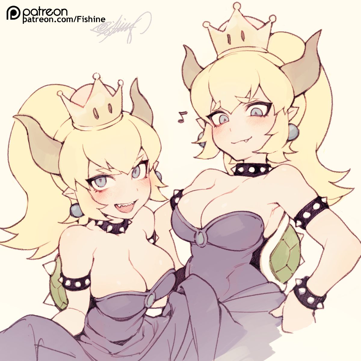 :3, 1girls, blonde hair, blue eyes, bowsette, breasts, cleavage, cute fang, dress, female, fishine, genderswap, hair between eyes, horns, mario (series), new super mario bros. u deluxe, nintendo, ponytail, rule 63, sharp teeth, spiked bracelet, spiked collar, spikes, super crown