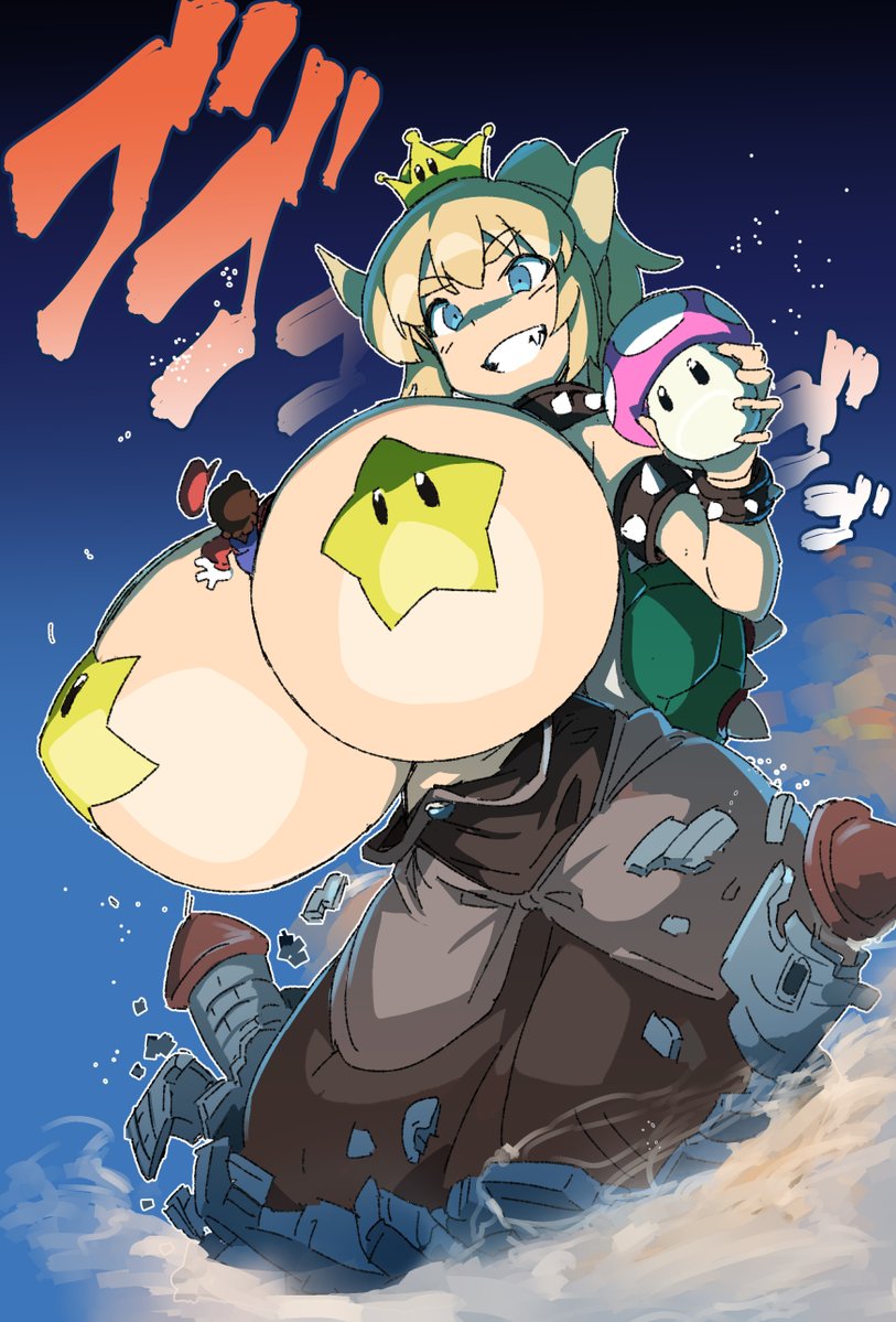 1boy, 1girls, big breasts, black dress, blonde hair, bowsette, breast expansion, breast growth, breast growth (enlargement), breasts, breasts bigger than head, exposed breasts, female, genderswap, giantess, gigantic breasts, horns, jojo reference, male, mario, mario (series), momo no suidou-sui, mushroom, new super mario bros. u deluxe, nintendo, pasties, rule 63, star pasties, starman pasties, super mario bros., topless, ゴゴゴゴゴ