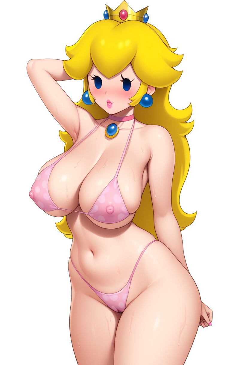 2024 ai_generated arms_behind_back belly big_breasts bikini_bottom bikini_top black_eyes blonde_hair blush breasts cleavage collarbone crashslash174 dotted_bikini erect_nipples gradient_background looking_at_viewer mario_(series) navel necklace nipples nipples_visible_through_clothing paper_mario paper_peach pink_bikini pink_bikini_bottom pink_bikini_top princess_peach standing thighs white_dots