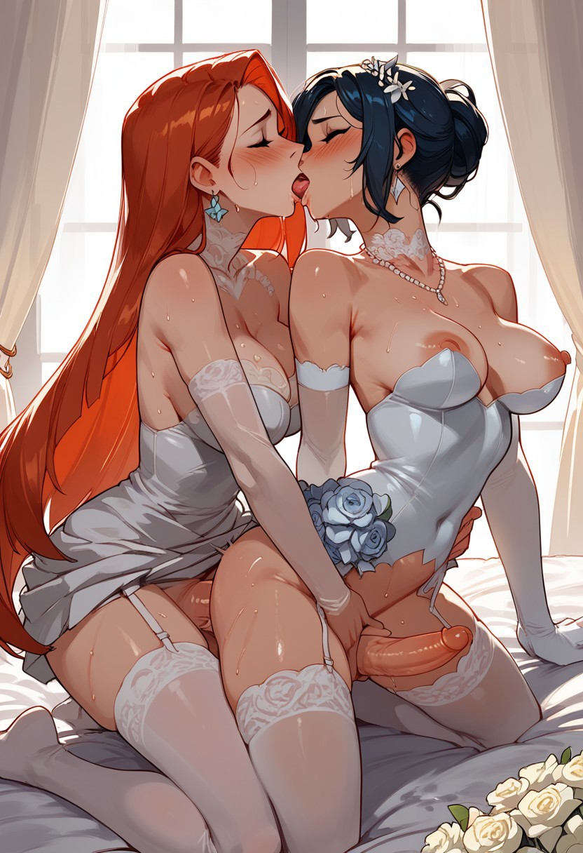 2futas ai_generated anal bed blue_hair couple erection from_behind futa_on_futa futa_only futa_with_futa futanari jewelry kissing long_hair married_couple on_bed red_hair sex wedding_dress