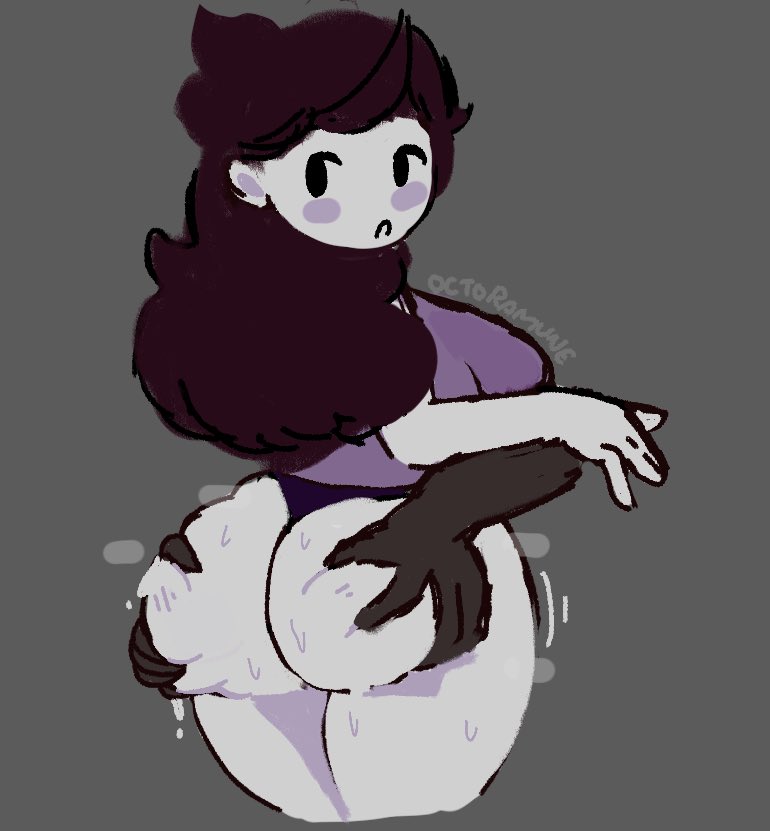 1girls ass_grab blush brown_hair clothed dark-skinned_male jaiden jaiden_animations jaidenanimations large_breasts long_hair looking_back octoramune youtube youtuber