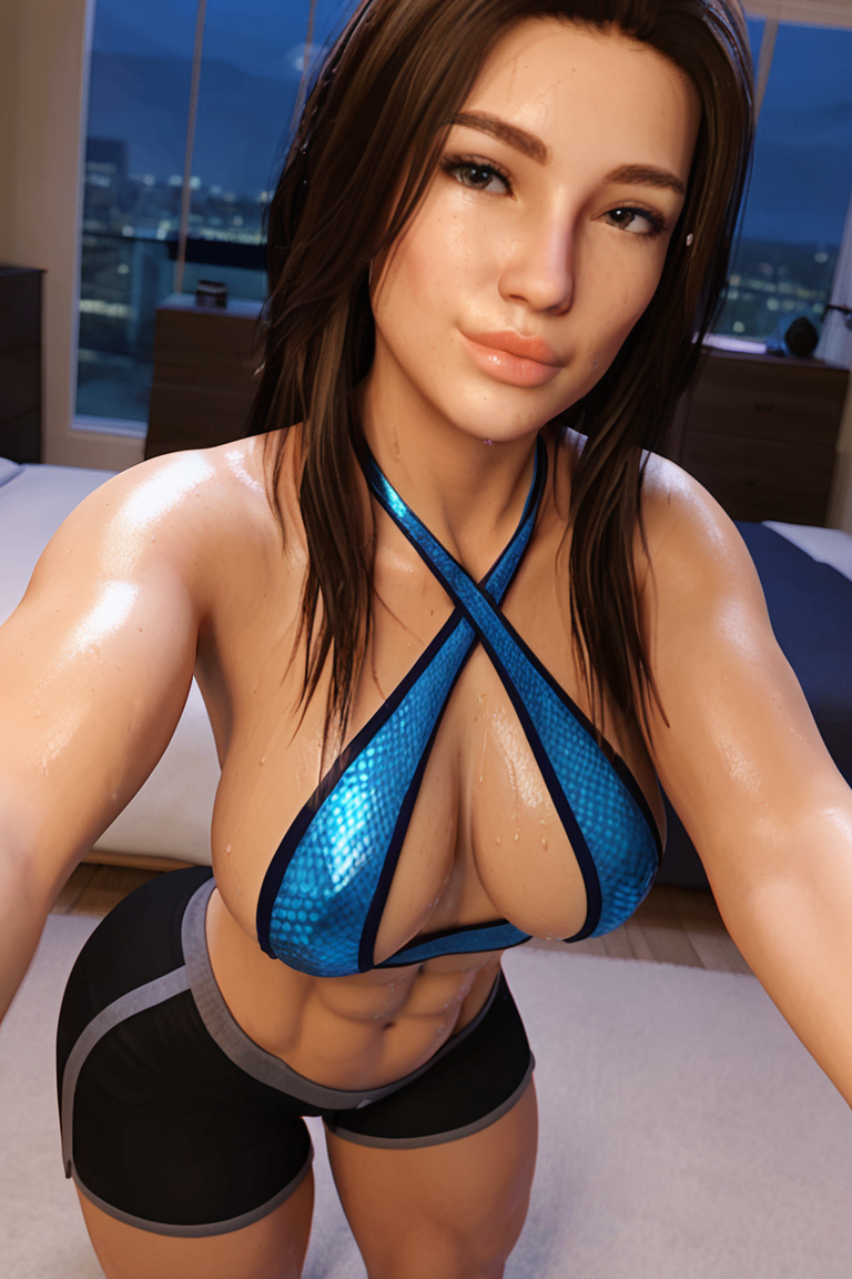 1girls 3d abs ai_generated big_ass big_breasts booty_shorts brown_hair halter_top halterneck jennah(oc) long_hair muscular_female radnsad short_shorts solo solo_female solo_focus thick_thighs