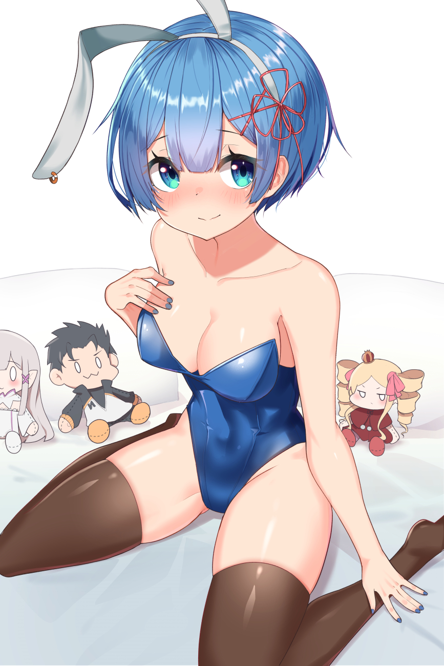 bare_arms bare_shoulders beatrice_(re:zero) bed bed_sheet blue_eyes blue_hair blue_leotard blue_nails blush breasts brown_thighhighs bunny_ears cleavage closed_mouth collarbone emilia_(re:zero) feet_out_of_frame hair_ribbon indoors leotard medium_breasts nail_polish natsuki_subaru re:zero_kara_hajimeru_isekai_seikatsu rem_(re:zero) shiny_skin smile thighhighs thighs w.k wariza