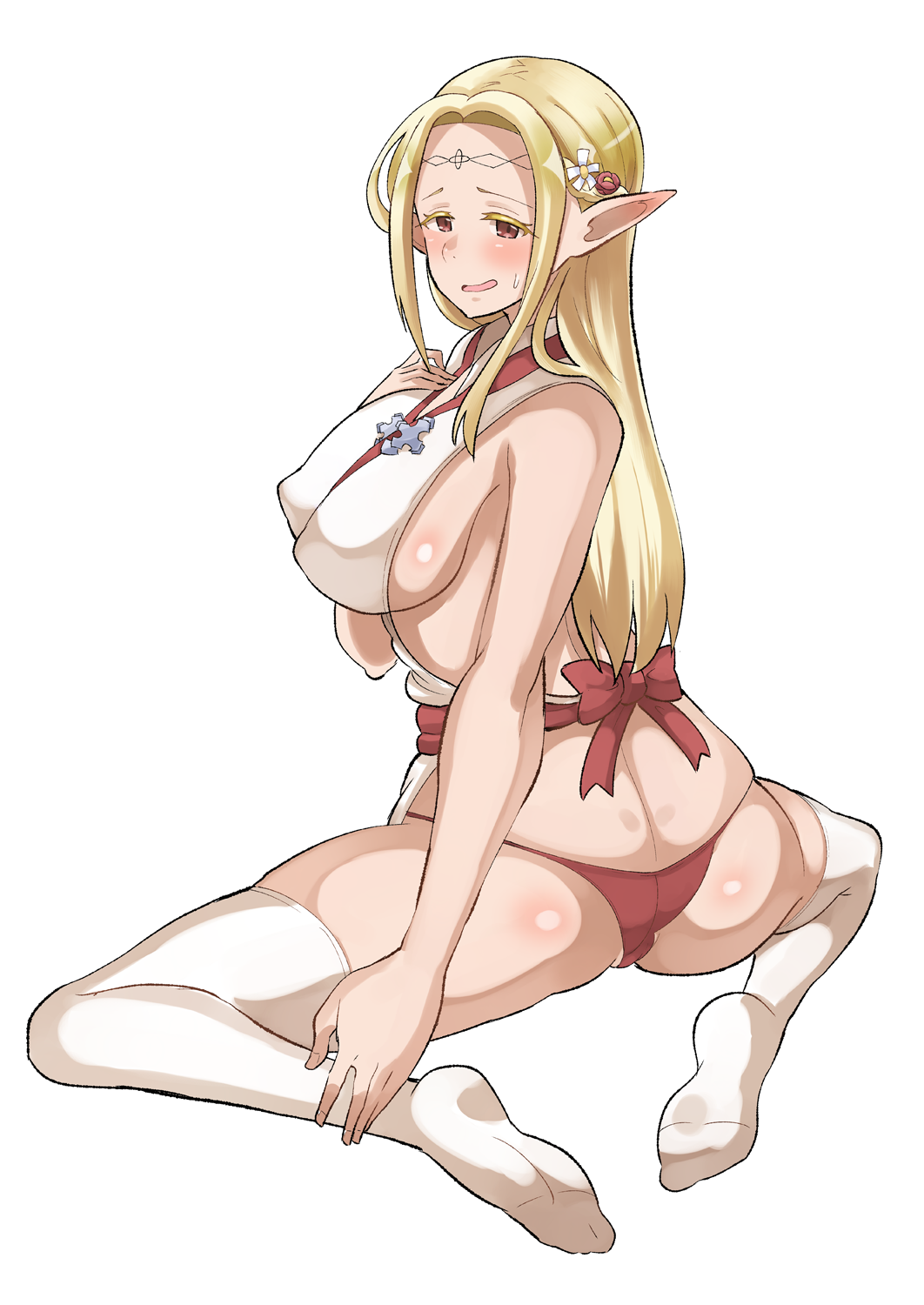 1girls ass blonde_hair blush breasts brown_eyes butt_crack covered_erect_nipples crotch edomae_elf eldali_ilma_fanomenel elf highres large_breasts long_hair looking_at_viewer norakuro_nero open_mouth panties pointy_ears red_panties sideboob smile solo thighhighs underwear white_thighhighs