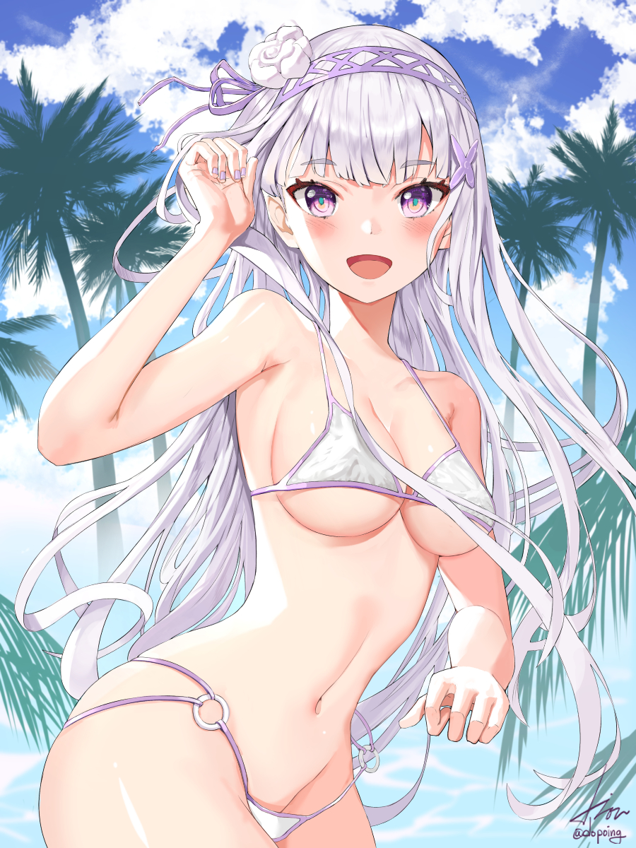 armpits bare_arms bare_belly bare_legs bare_shoulders bare_thighs belly_button big_breasts bikini blush breasts cleavage collarbone dopoing elf emilia_(re:zero) groin hair_ornament long_hair micro_bikini nail_polish o-ring_bikini open_mouth outdoors pointy_ears purple_eyes purple_nails re:zero_kara_hajimeru_isekai_seikatsu shiny_skin sideboob smile thighs underboob white_background white_bikini