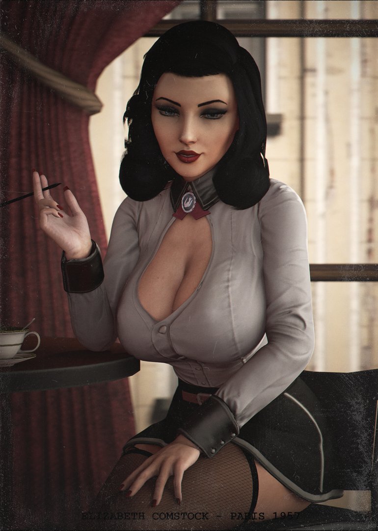 3d bioshock bioshock_infinite burial_at_sea busty cleavage elizabeth_comstock elizabeth_comstock_(burial_at_sea) female female_focus female_only hourglass_figure makeup pinup pinup_pose sitting tagme wide_hips wildynsfw