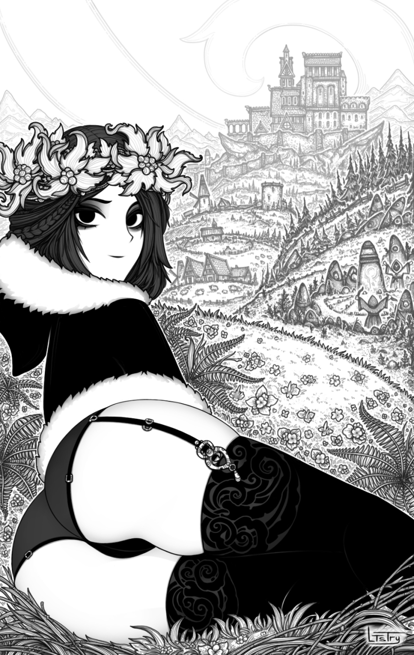 ass ass_focus black_clothing black_eyes black_hair black_lingerie black_panties black_stockings detailed_background flower forest grass landscape looking_at_viewer looking_back ltstry medium_hair monochrome panties pussy_visible_through_panties serana skyrim smile smile_at_viewer stockings the_elder_scrolls