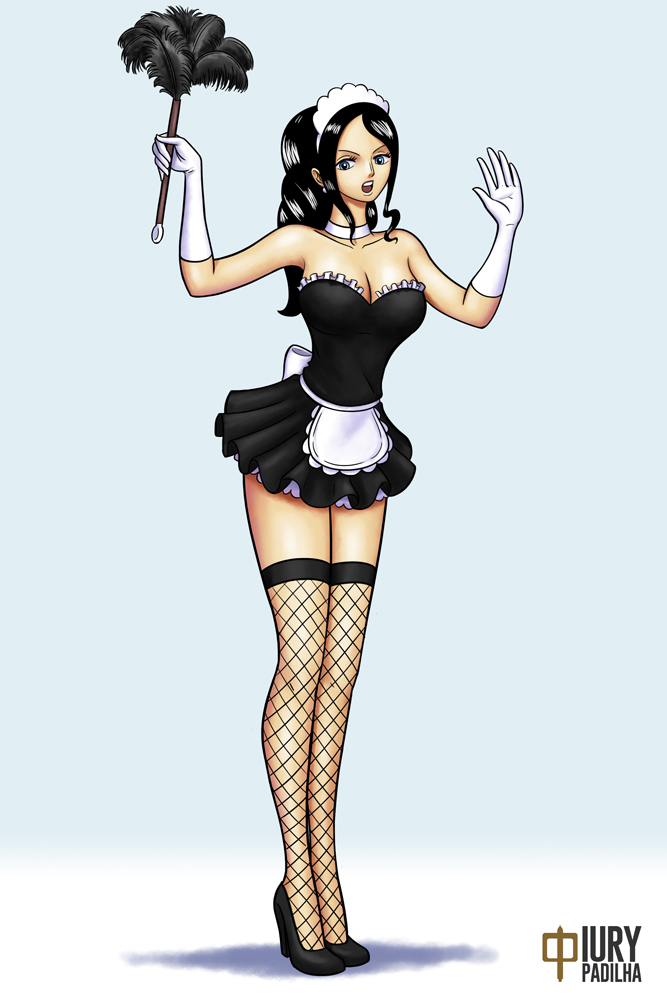 1girls, big breasts, black hair, black high heels, black-haired female, blue eyes, blue-eyed female, breasts, eyebrows, eyelashes, female, female only, fishnets, fit, fit female, gloves, high heels, iury padilha, long hair, long-haired female, maid, maid headdress, maid uniform, nico robin, one piece, stockings, tagme, voluptuous, voluptuous female, watermark, white gloves