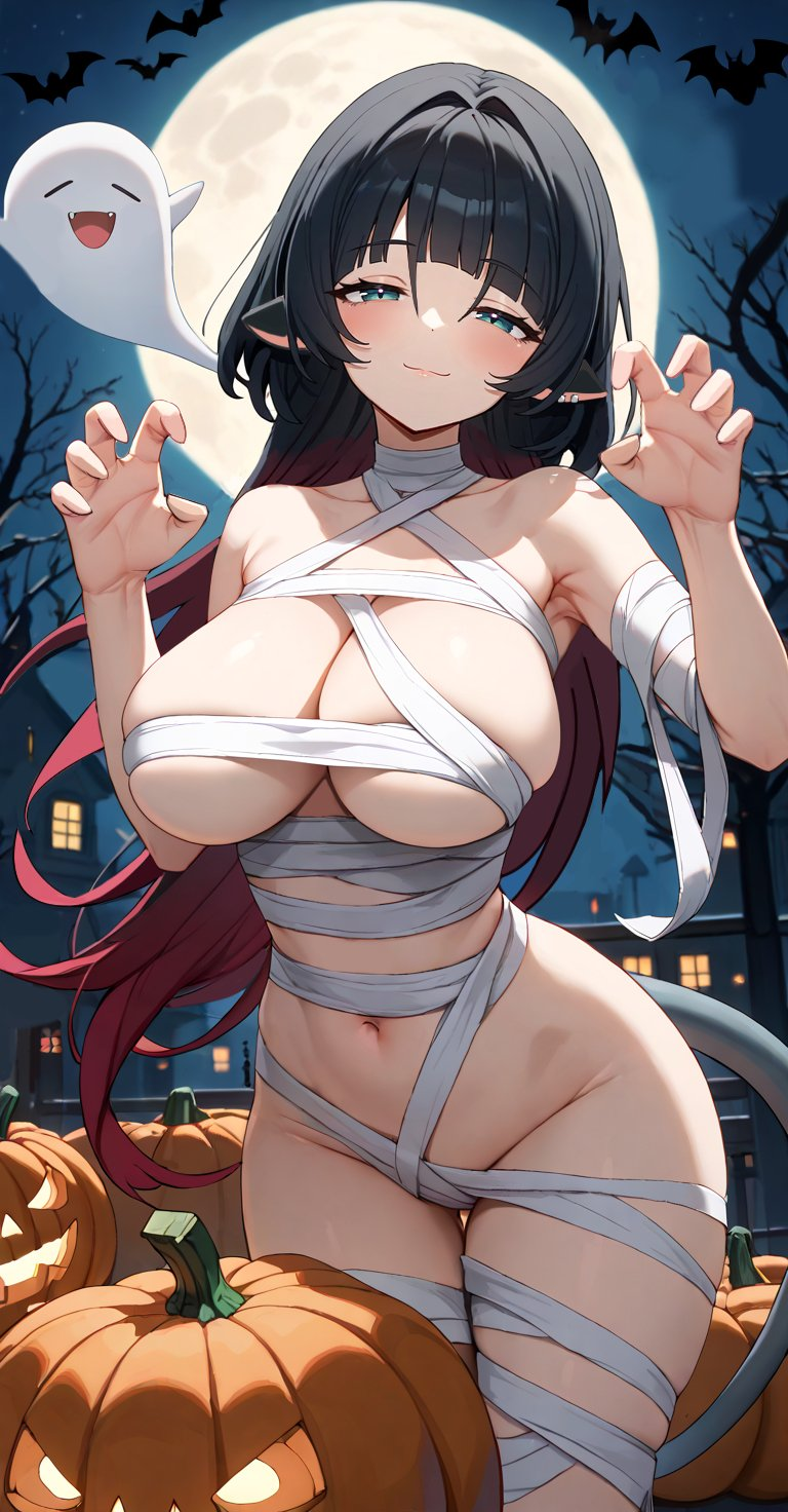 ai_generated black_hair blue_green_eyes blush ghost halloween halloween_costume jack-o'-lantern jane_doe_(zenless_zone_zero) large_breasts looking_at_viewer mummy_costume mummy_wrappings rat_ears rat_tail smile zenless_zone_zero