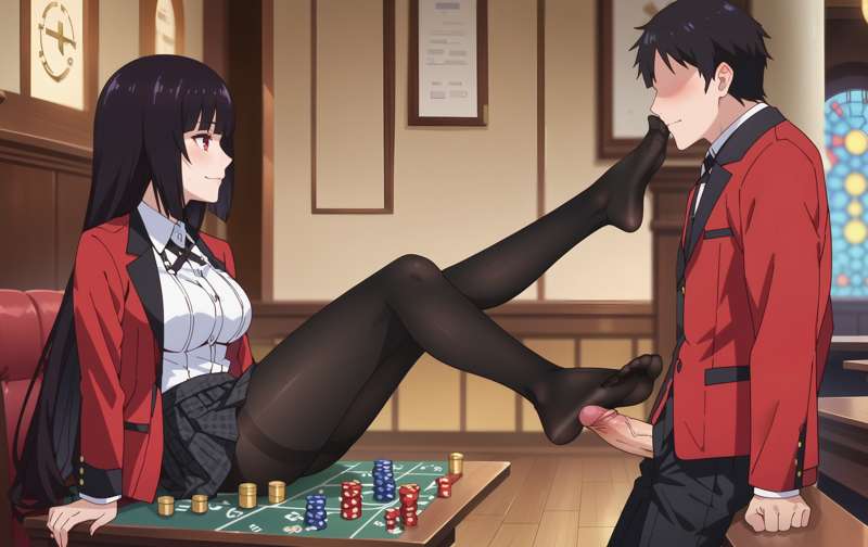 1boy 1girls big_breasts black_hair blush breasts feet feet_fetish feet_up foot_fetish jabami_yumeko kakegurui long_hair penis perfect_body perfect_legs phibsai red_eyes toes toes_visible_through_clothing