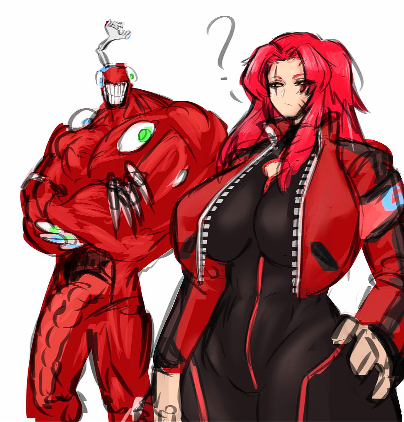 1boy, 1boy1girl, 1girls, 2d, 2d (artwork), abnormality (project moon), abs, anime style, asazaz12 nsfw (artist), breasts, clothed female, clothed female nude male, female, gebura (lobotomy corporation), huge breasts, lobotomy corporation, male, monster, monster cock, muscle man, muscles, nothing there, penis, posing, project moon, red hair, red jacket, red skin, thick thighs, white skin, yellow eyes