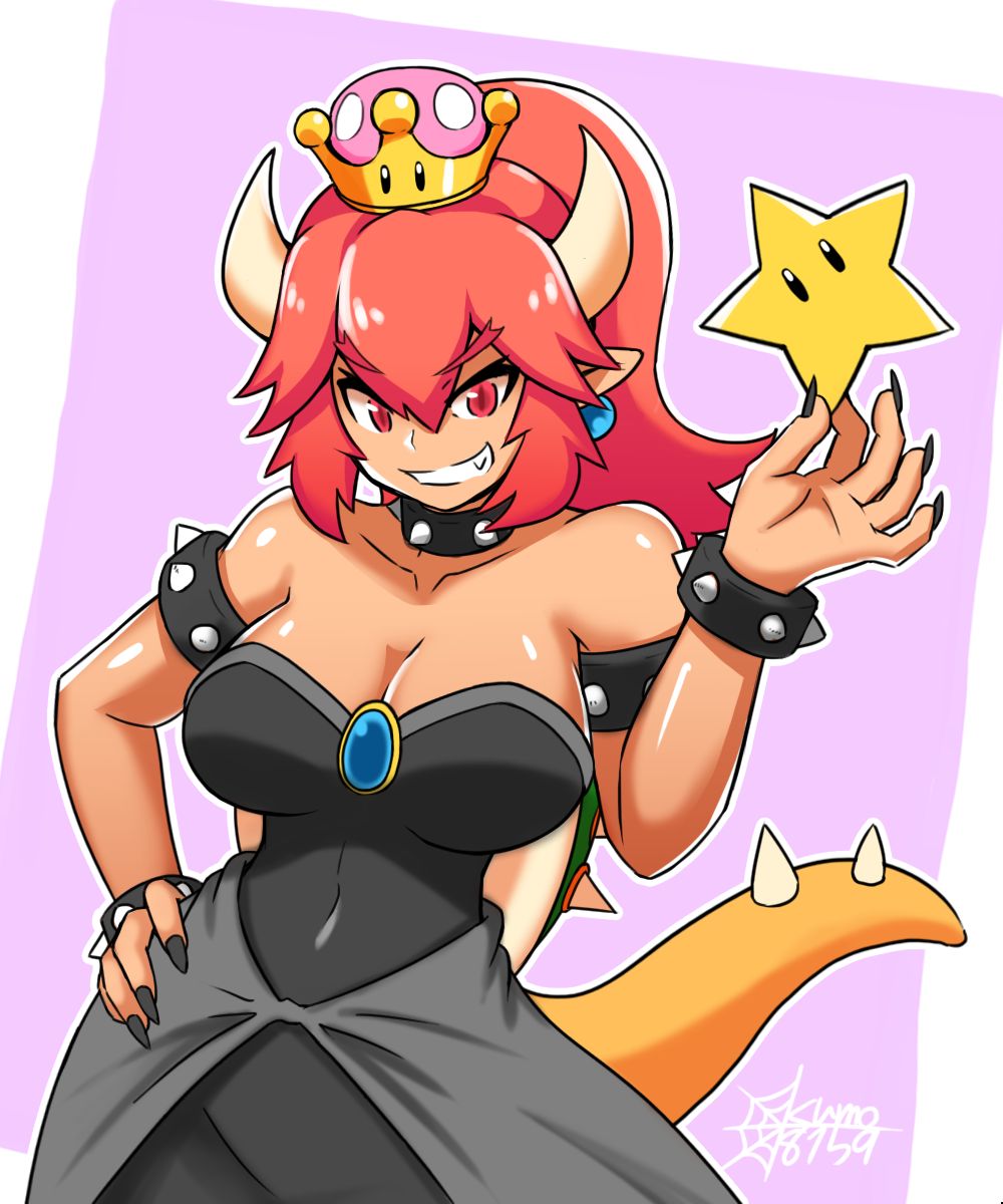 1girls, bowsette, breasts, dark skin, dark-skinned female, female, female only, genderswap, horns, kumo (kumo8159), mario (series), new super mario bros. u deluxe, nintendo, red bowsette, red hair, rule 63, solo
