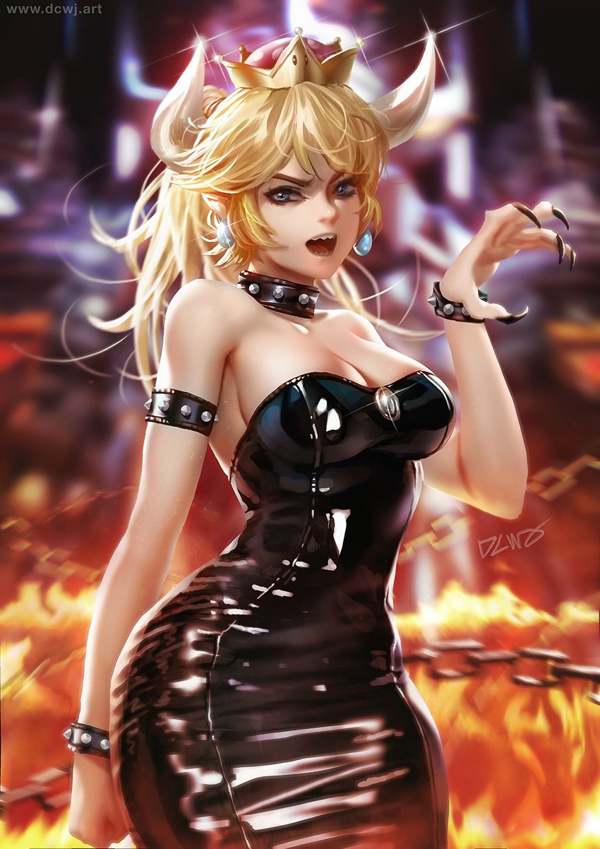 1girls blonde_hair blue_eyes bowsette breasts dcwj female female_only genderswap horns latex latex_dress mario_(series) new_super_mario_bros._u_deluxe nintendo solo