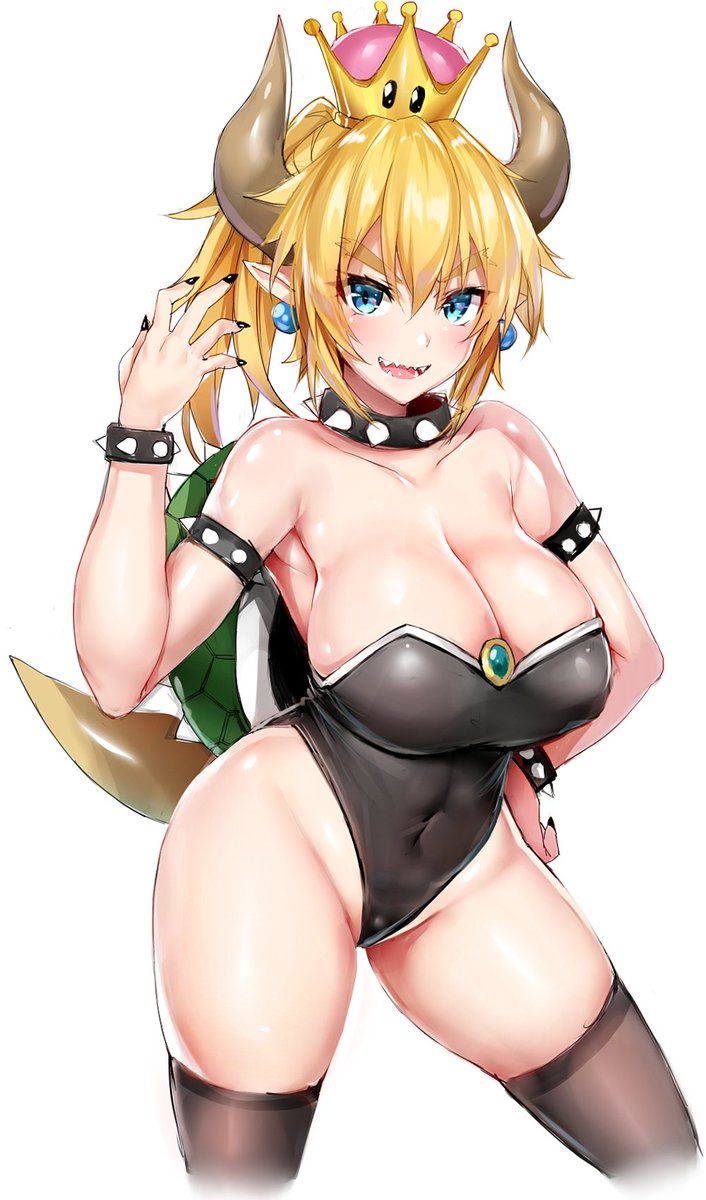 blonde hair, blue eyes, blue gk, bowsette, breasts, cleavage, crown, female, female focus, female only, genderswap, horns, large breasts, leotard, looking at viewer, mario (series), navel, new super mario bros. u deluxe, nintendo, rule 63, sharp teeth, shell, spiked armlet, spiked shell, standing, tail, thighs, white background