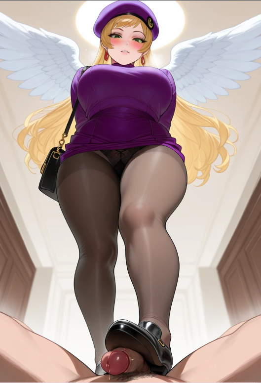 1boy ai_generated angel_wings arms_behind_back bag balls beret black_footwear black_legwear black_panties black_pantyhose blonde_hair blush breasts clothed_female clothed_female_nude_male clothing curvy_female dress dress_lift erection erys_jerand female femdom footjob from_below green_eyes handbag hat large_breasts lifted_by_self looking_down original_character panties panties_under_pantyhose panties_visible_through_clothing pantyhose penis pubic_hair purple_headwear purple_skirt shoejob skirt skirt_lift solo_focus standing standing_footjob star_ocean testicles underwear wings