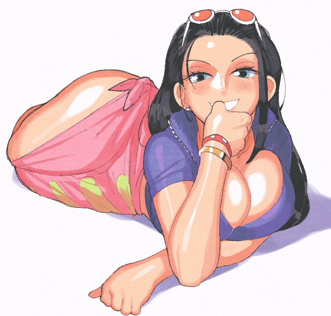 1girls black_hair blue_eyes blue_jacket bracelet breasts cleavage crop_top cropped_jacket crossed_legs earrings eyelashes eyewear_on_head female gold_bracelet grin hair_pulled_back hand_to_own_mouth hand_up inkerton-kun jacket jewelry large_breasts long_hair long_skirt looking_at_viewer multiple_bracelets nico_robin nico_robin_(return_to_sabaody) one_piece orange-tinted_eyewear partially_unzipped pink_sarong sarong short-sleeved_jacket short_sleeves simple_background skirt smile solo sphere_earrings sunglasses thighs tinted_eyewear white-framed_eyewear white_background zipper