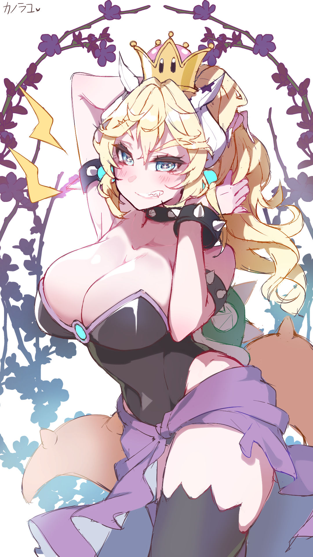 blonde_hair blue_eyes bowsette breasts female genderswap horns kanola_u large_breasts mario_(series) new_super_mario_bros._u_deluxe nintendo tail