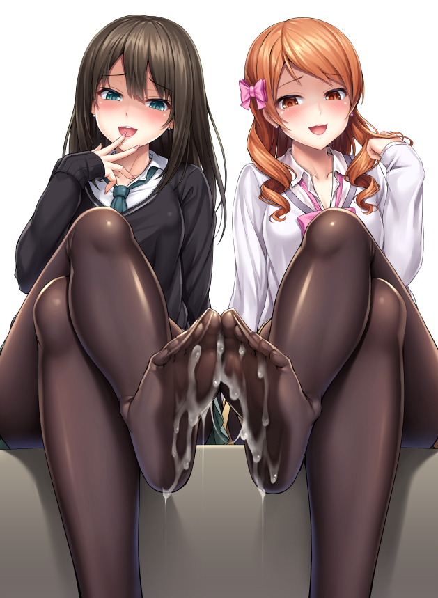 2girls :d arm_at_side bangs black_legwear black_sweater blush bow bowtie breasts brown_eyes brown_hair collared_shirt commentary_request cum cum_on_body cum_on_feet cum_on_lower_body drill_hair earrings eyebrows_visible_through_hair feet finger_to_mouth green_eyes green_neckwear green_skirt hairbow houjou_karen idolmaster idolmaster_cinderella_girls jewelry lambda_(kusowarota) legs_crossed long_hair looking_at_viewer medium_breasts multiple_girls nail_polish necktie open_mouth orange_hair pantyhose pink_bow pink_nails pink_neckwear school_uniform shaded_face shibuya_rin shirt simple_background sitting skirt smile soles stud_earrings sweater toes upper_teeth white_background white_shirt wing_collar yellow_skirt