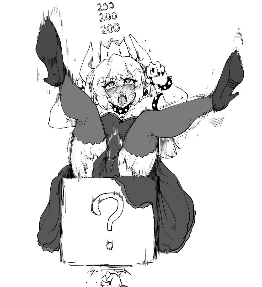1boy, 1girls, ahe gao, bowsette, crown, dress, female, female focus, genderswap, horn, male, mario, mario (series), monochrome, new super mario bros. u deluxe, nintendo, rule 63, solo focus, steakhouse men, super crown, super mario bros., tagme