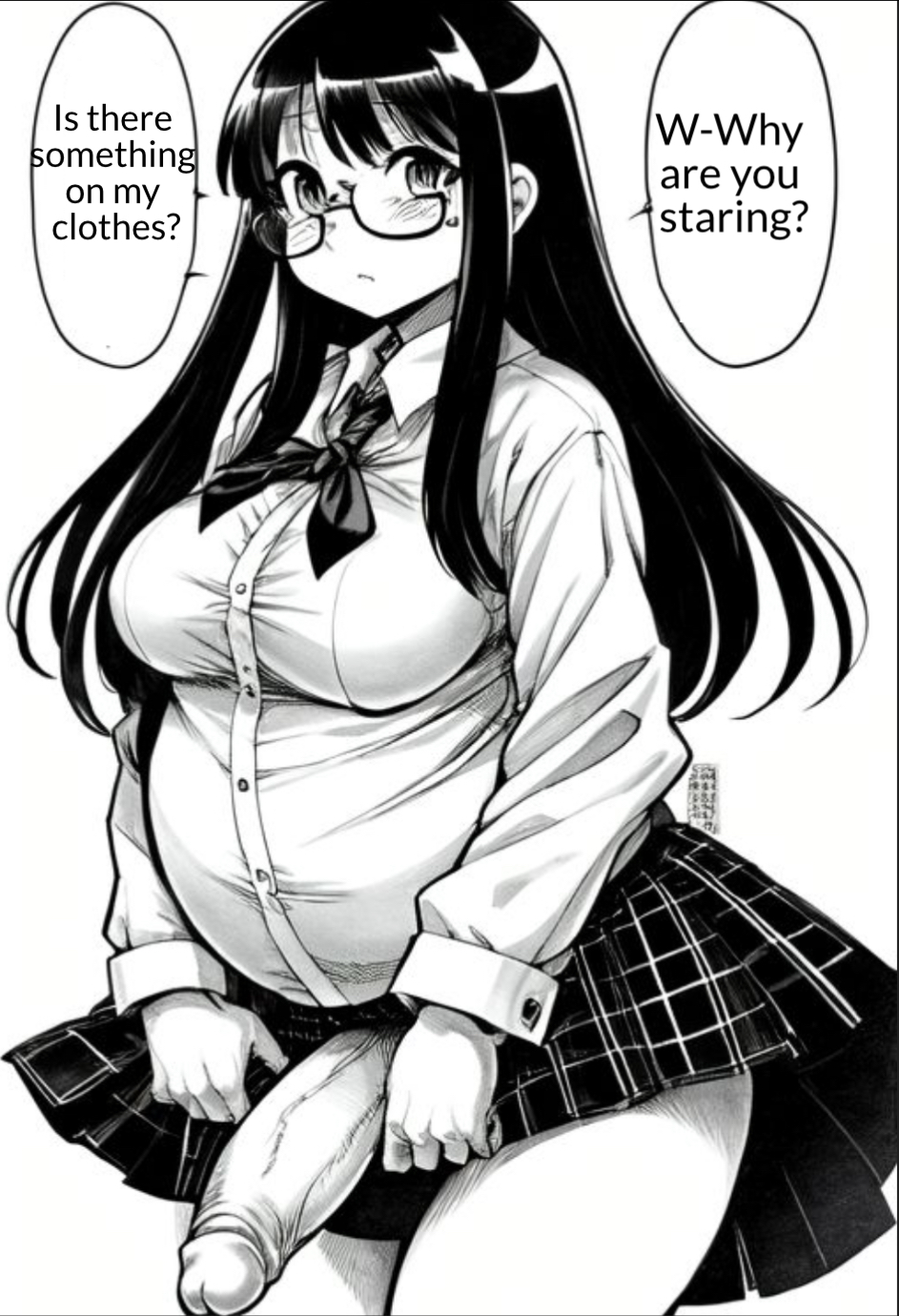 ai_generated annie_(furryroxxie) black_and_white chubby chubby_belly chubby_female chubby_futanari english english_dialogue english_text flaccid futa_focus futa_only futanari glasses manga_style nerd nerdy nerdy_female nervous nervous_sweat oblivious penis penis_out penis_slip school_uniform schoolgirl skirt talking talking_to_viewer uniform