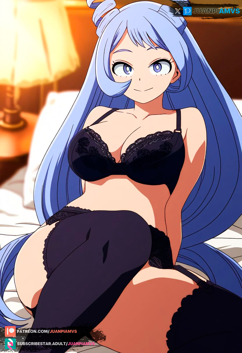 ai_generated big_breasts blue_eyes blue_hair boku_no_hero_academia female hadou_nejire juanpiamvs laying_on_bed lingerie_only long_hair nejire_hado patreon patreon_username subscribestar subscribestar_username watermark