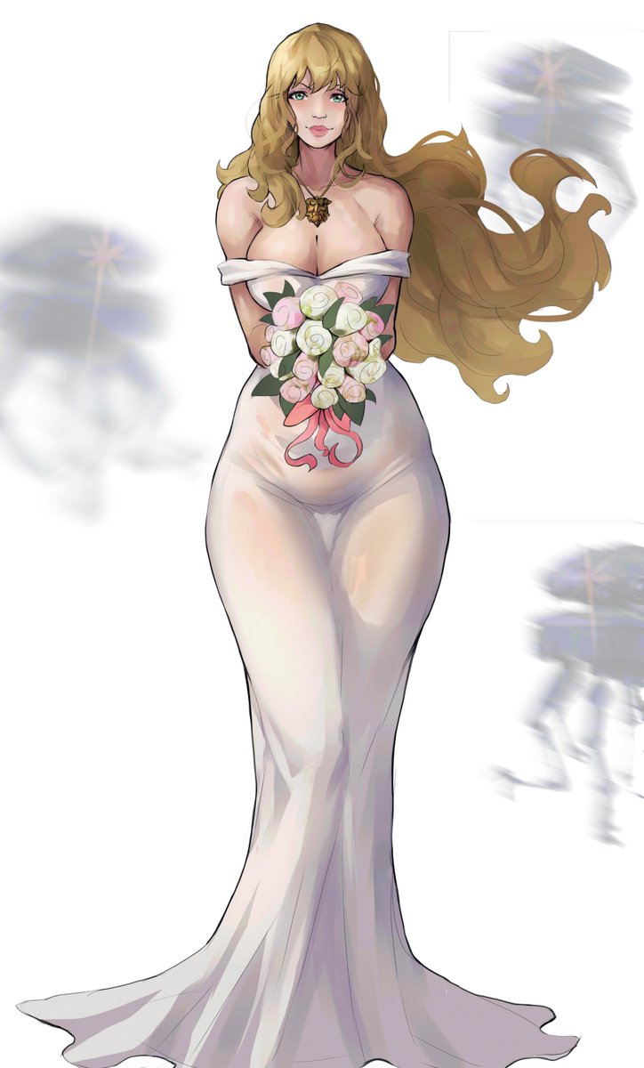 bare_shoulders big_breasts big_lips blonde_female blue_eyes bouquet flowers foonie_xd gold_necklace hair_blowing mary_(star_wars_(marvel_1977)) no_underwear probe_droid star_wars_(marvel_1977) star_wars_legends thigh_gap wedding wedding_dress