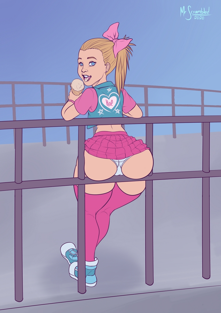 1girl adult blonde_hair celebrity huge_ass ice_cream jojo_siwa miniskirt mrscrambled panties parody real_person thick_thighs