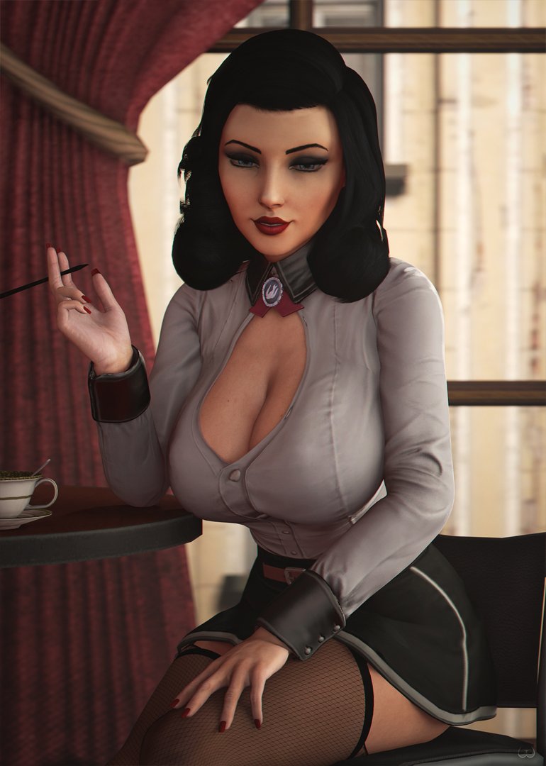 3d bioshock bioshock_infinite burial_at_sea busty cleavage elizabeth_comstock elizabeth_comstock_(burial_at_sea) female female_focus female_only hourglass_figure makeup pinup pinup_pose sitting tagme wide_hips wildynsfw